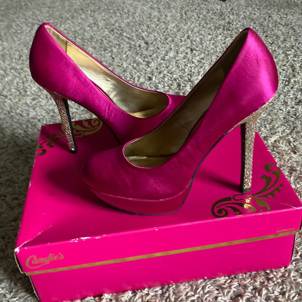 Hot pink pumps with sparkly heels